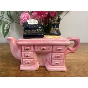 Vintage Pink Desk Teapot Novelty Office Typewriter Lid Quirky Kitsch Decor